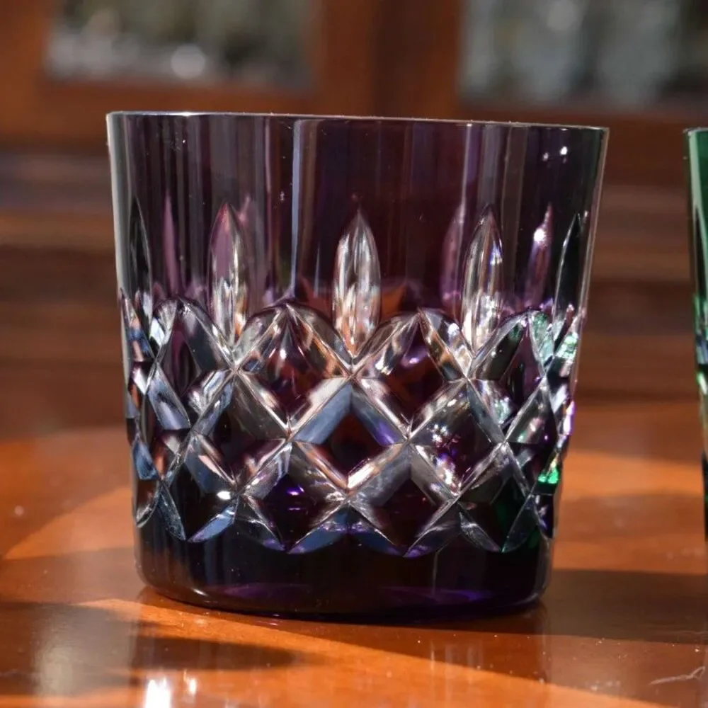 Vintage Set of AJKA Colored Crystal Old Fashioned Glasses with Ice Bucket